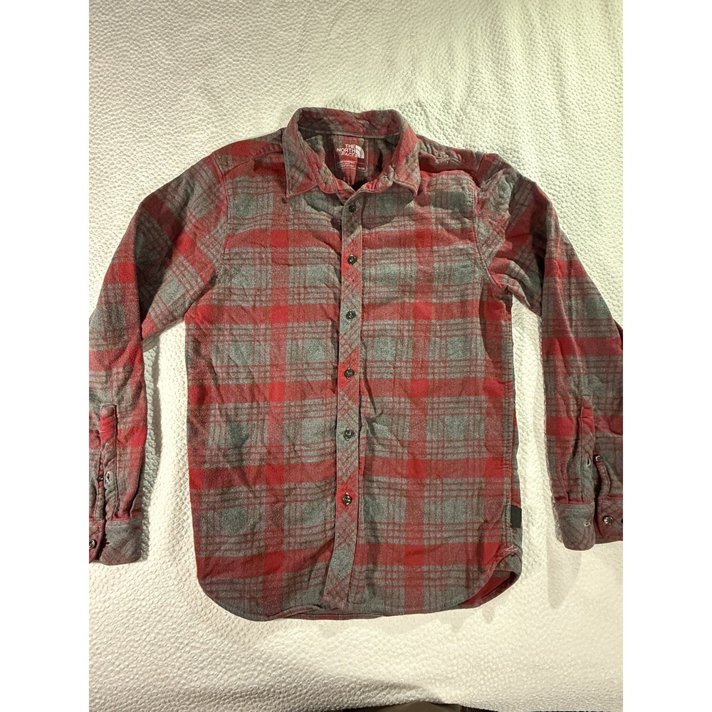 The North Face Men's Medium Gray Red Plaid Flannel Soft Long Sleeve Button Up